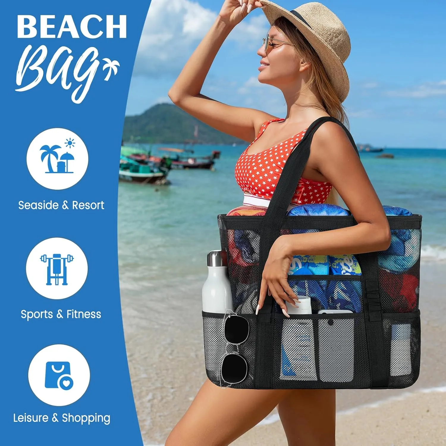 Beach Bag - Mesh Beach Bag Large 8 Pockets, Beach Tote Bag Beach Essentials for Vacation Must Haves