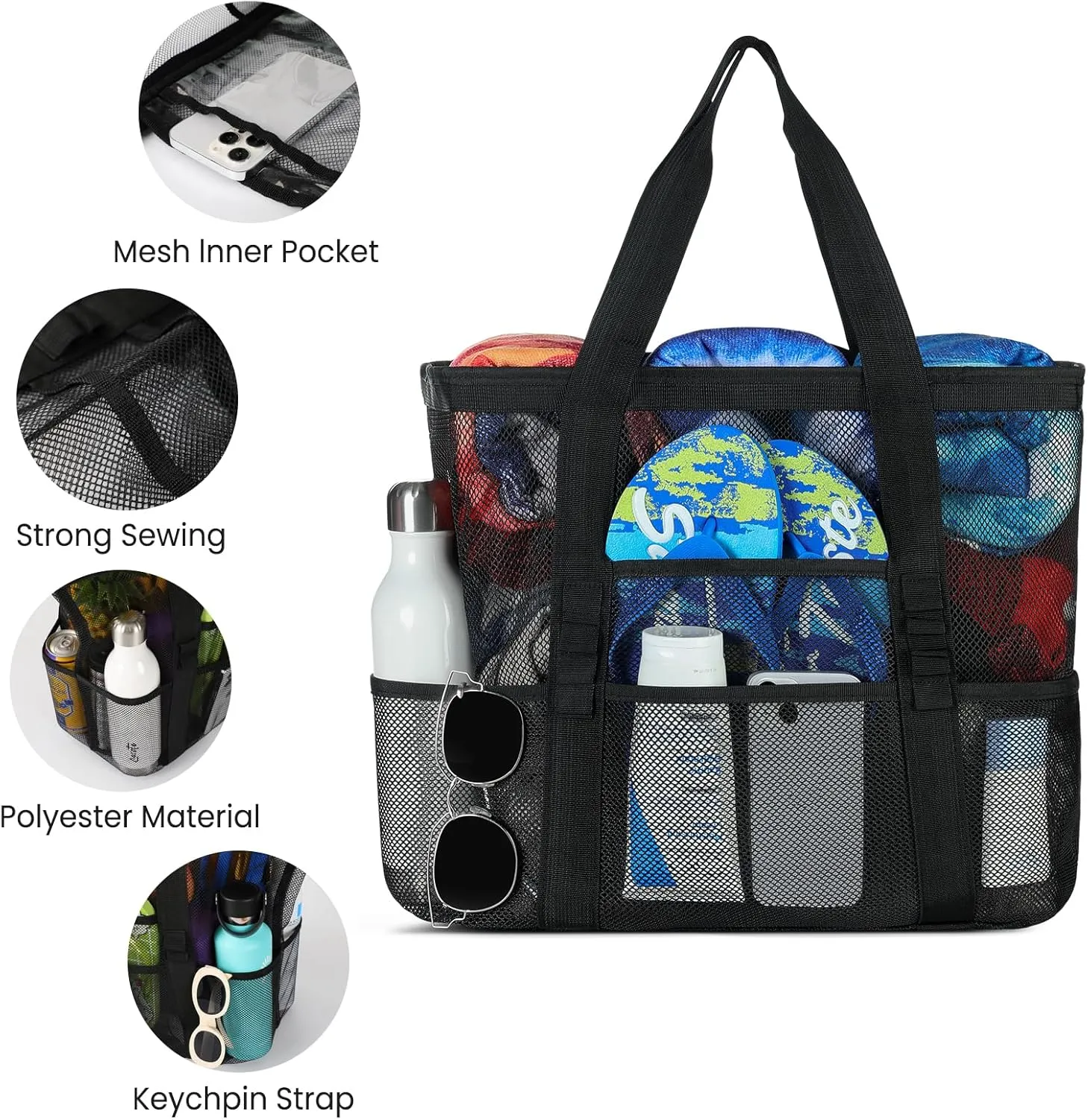 Beach Bag - Mesh Beach Bag Large 8 Pockets, Beach Tote Bag Beach Essentials for Vacation Must Haves