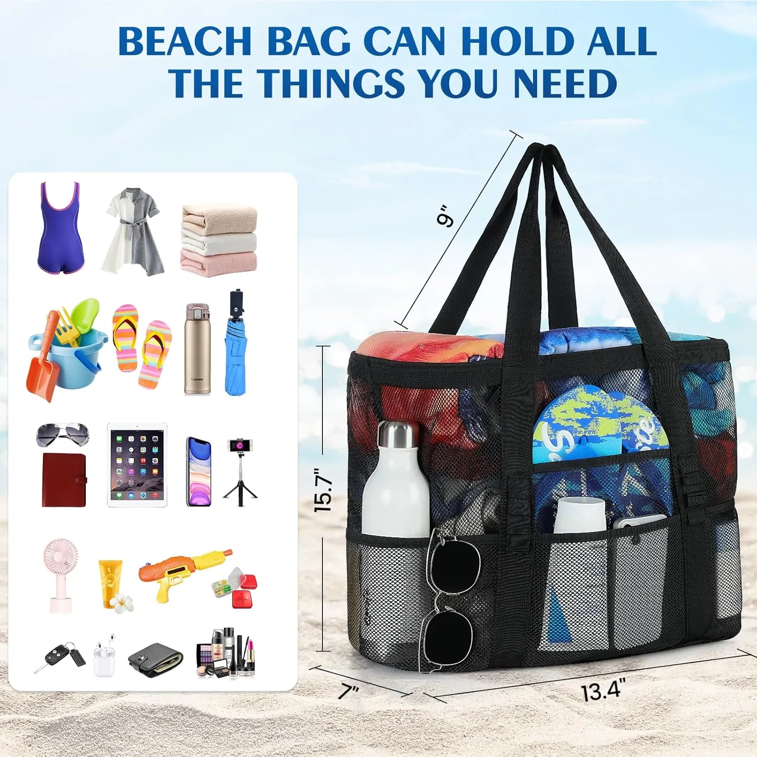 Beach Bag - Mesh Beach Bag Large 8 Pockets, Beach Tote Bag Beach Essentials for Vacation Must Haves