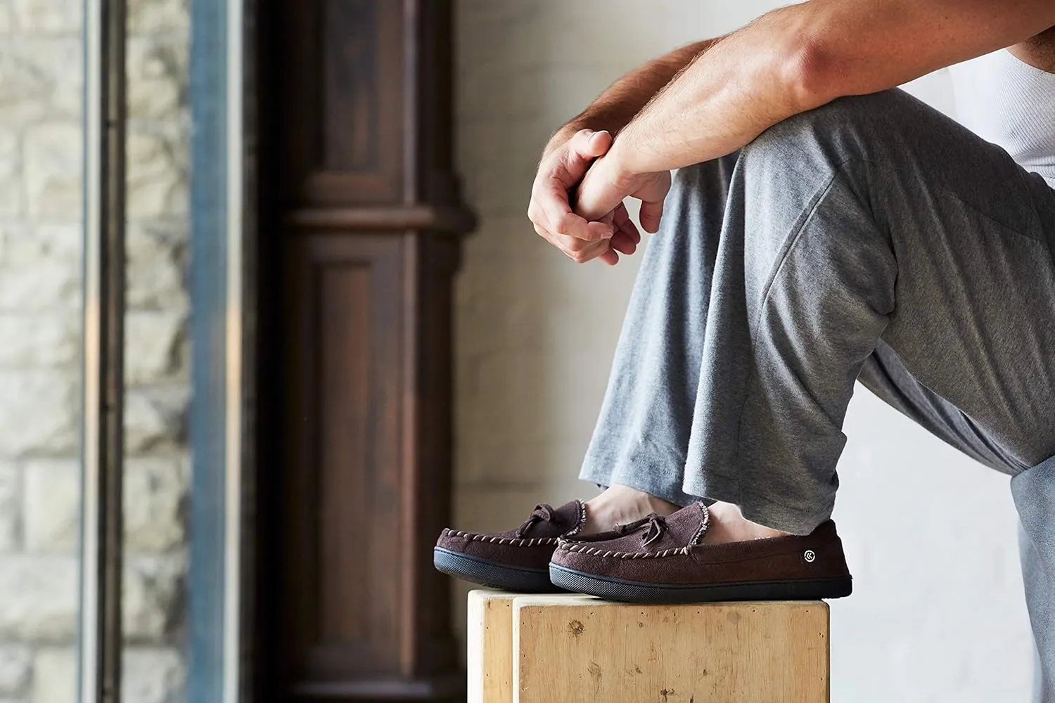 Isotoner Men's Microsuede Moccasin Slippers - Mens Indoor and Outdoor Sole Slippers, Features Memory Foam for a Customer Fit and Arch Support for All-Day Comfort, Machine Washable