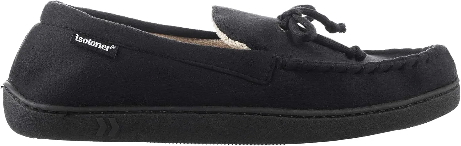 Isotoner Men's Microsuede Moccasin Slippers - Mens Indoor and Outdoor Sole Slippers, Features Memory Foam for a Customer Fit and Arch Support for All-Day Comfort, Machine Washable