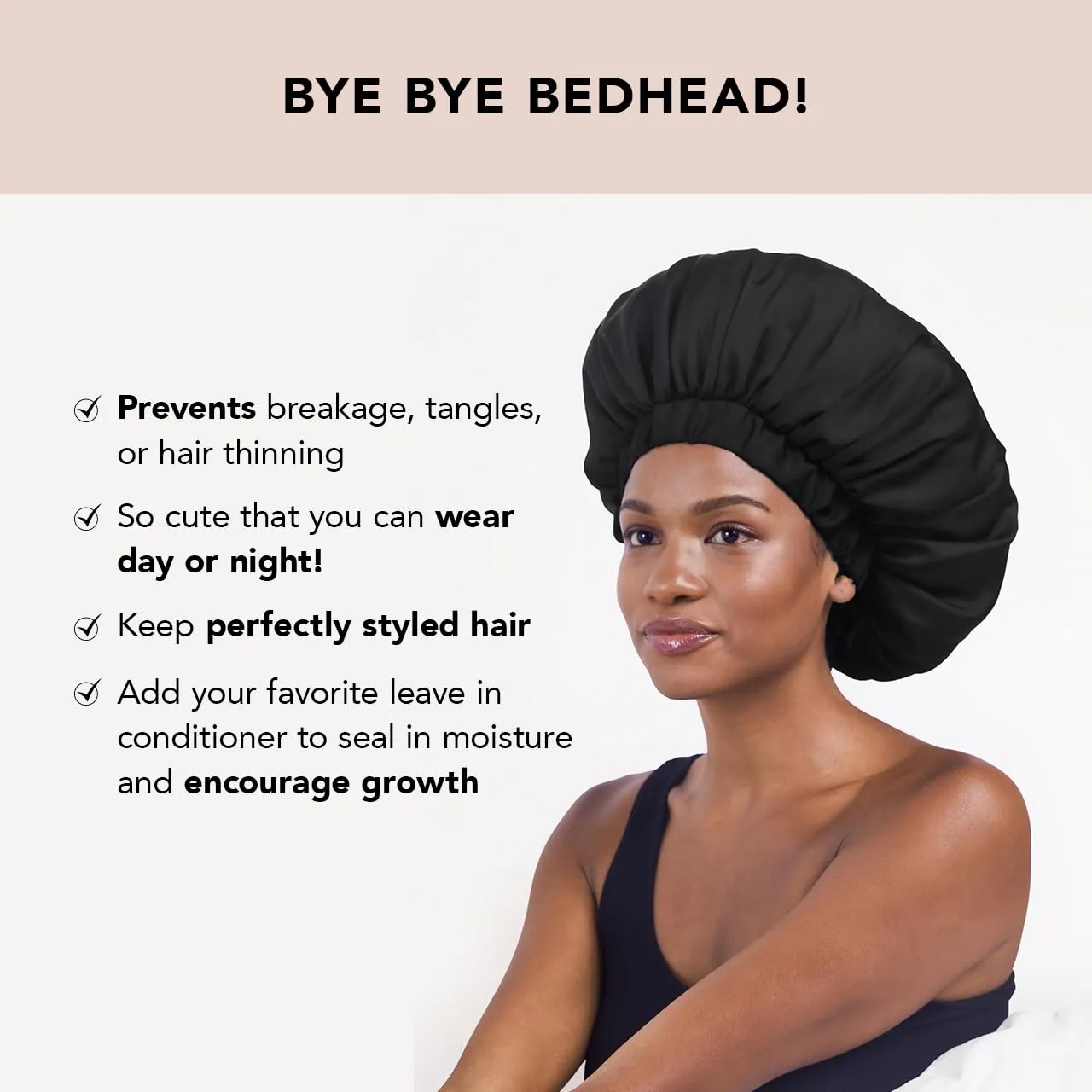 Kitsch XL Satin Bonnet for Sleeping - Softer Than Silk Hair Bonnet for Women - Secure Fit, Adjustable Night Cap for Curly & Textured Hair - Prevents Breakage, Tangles & Thinning - Black