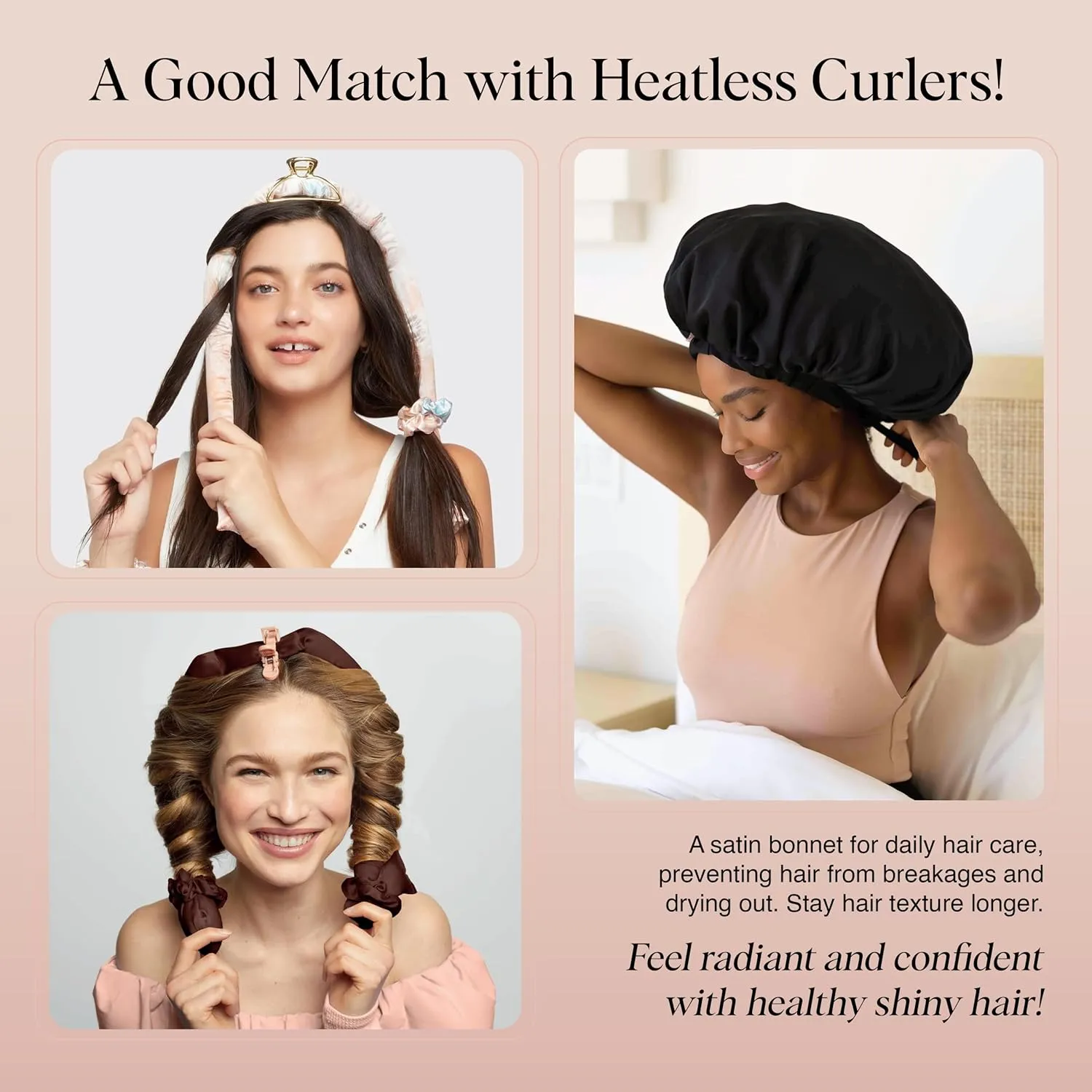 Kitsch XL Satin Bonnet for Sleeping - Softer Than Silk Hair Bonnet for Women - Secure Fit, Adjustable Night Cap for Curly & Textured Hair - Prevents Breakage, Tangles & Thinning - Black