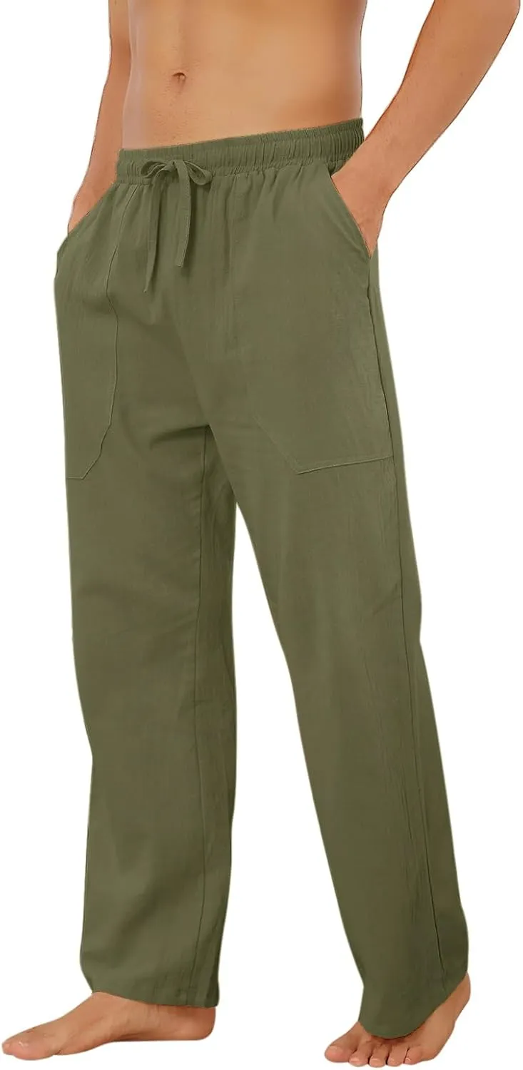 Puimentiua Cotton Linen Pants Men Casual Loose Fit Elastic Drawstring Waist Summer Beach Pants